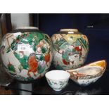 A PAIR OF LARGE JAPANESE GINGER JARS decorated with warriors, an oriental ceramic boat and a small