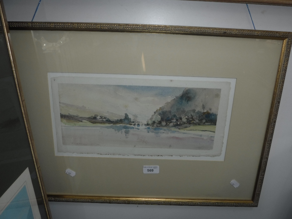 A RIVER SCENE with houses and bridge, watercolour, signed 'A D Houghton' (?)