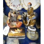 A JAPANESE SATSUMA FIGURE OF A MAN AND CHILD, another similar and two Continental porcelain boxes