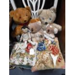 TWO TEDDY BEARS, a doll, two koalas and two needlework cushions