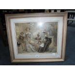A 20TH CENTURY SEPIA TONED WATERCOLOUR OF A THEATRICAL SCENE, the reverse inscribed "J J Chalon"