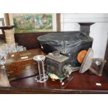 A 19TH CENTURY ROSEWOOD BOX, a vintage hat box and similar items