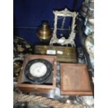 A COMPASS IN A MAHOGANY BOX, a pair of veteran car woven cord hand holds and similar items