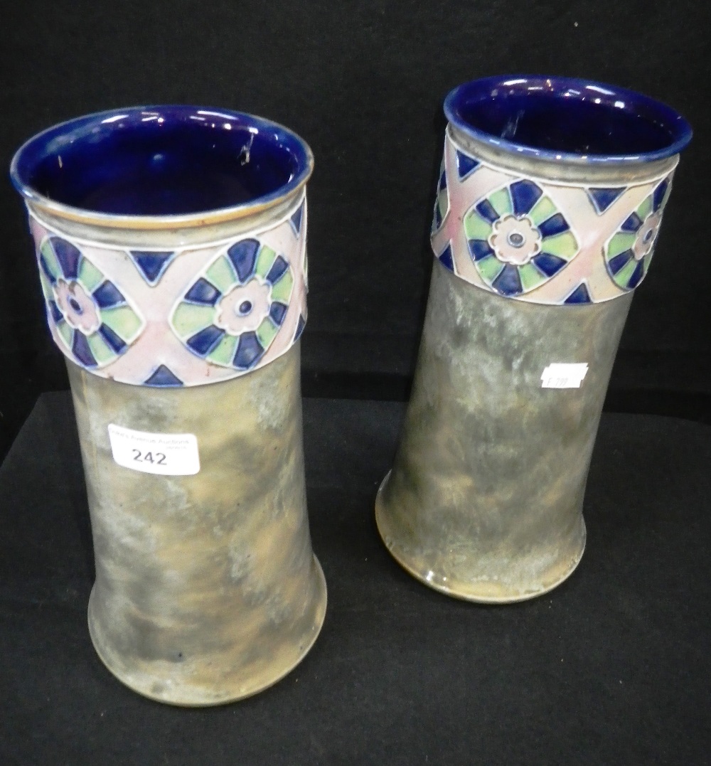 A PAIR OF ROYAL DOULTON VASES with stylised geometric floral decoration