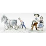GERALD PONZELLA & GERMAN PORCELAIN FIGURINES, TWO, H 5 1/2", W 8"one depicts a farmer plowing a