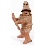 PRE-COLUMBIAN, TERRACOTTA FIGURE, H 13"A man holding a spear and protective armor.- For High