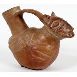 PRE-COLUMBIAN, TERRACOTTA ANIMAL VESSEL, H 5 1/2", W 7"With handles, painted face.- For High