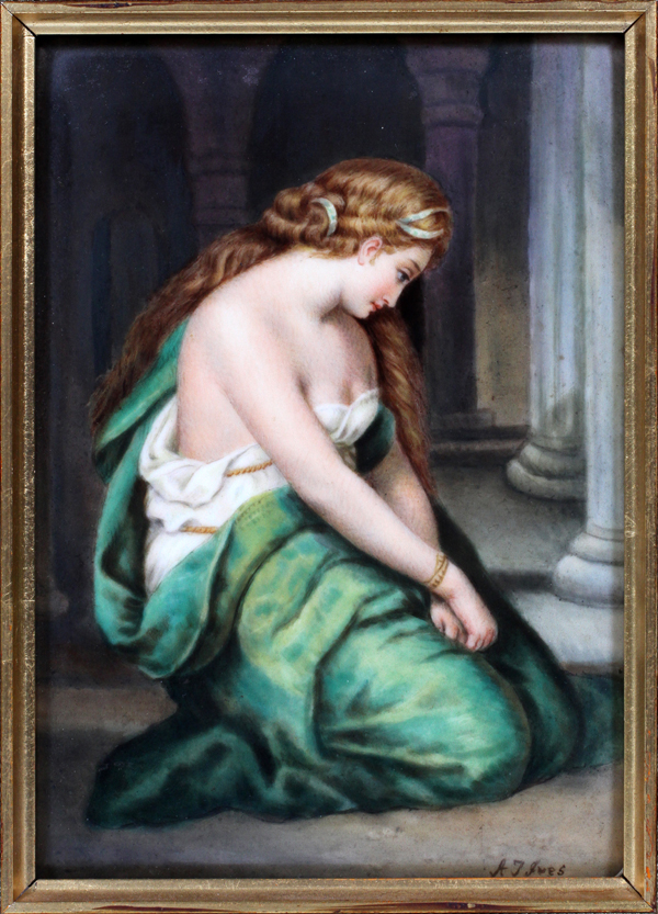 A. J. IVES, GERMAN HAND PAINTED PORCELAIN PLAQUE, FRAMED. 19TH C, H 8", W 5"German hand painted - Image 2 of 5