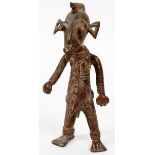 AFRICAN BRONZE FIGURE, H 8"A male figure standing erect, wearing a mask and costume, with arms