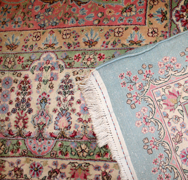 PERSIAN KERMAN, HAND WOVEN WOOL CARPET, W 11' 8", L 20'Having a light blue ground, six borders, pink - Image 2 of 2