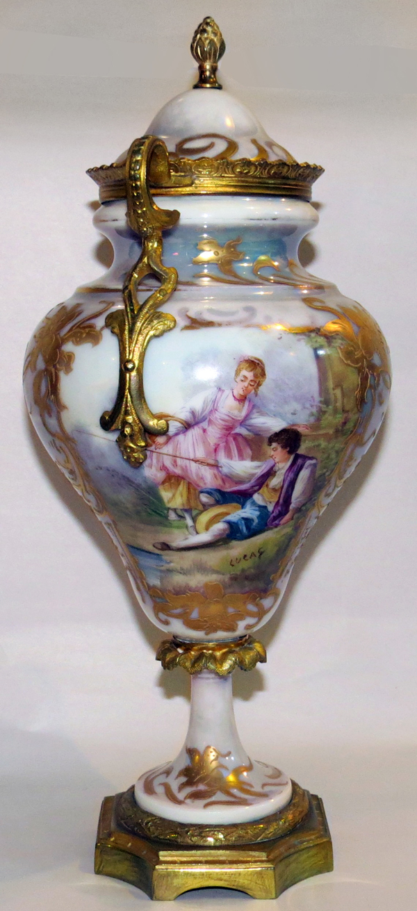 SEVRES HAND PAINTED PORCELAIN & BRONZE COVERED URN, H 12 1/2"Hand painted courting scene enhanced