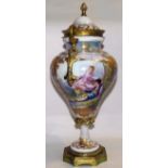 SEVRES HAND PAINTED PORCELAIN & BRONZE COVERED URN, H 12 1/2"Hand painted courting scene enhanced