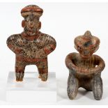 PRE-COLUMBIAN, TERRACOTTA FIGURES, H 2 - 4"One seated figure and one standing figure painted faces