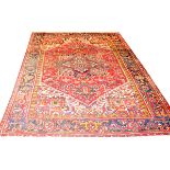 PERSIAN HAND WOVEN WOOL QASHQAI RUG, H 11' 8", W 9'2"Having five borders, red diamond shape ground