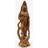 CARVED GILT WOOD STANDING FIGURE, OF A QUAN YIN, H 21"Carved gilt wood standing figure of a Quan