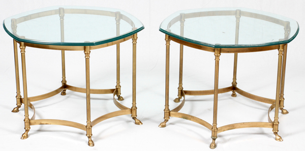 BRASS & GLASS END TABLES, PAIR, H 23", DIA 31"Having a hexagonal shape glass top with a brass