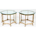 BRASS & GLASS END TABLES, PAIR, H 23", DIA 31"Having a hexagonal shape glass top with a brass