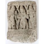 EAST INDIAN/SOUTHEAST ASIAN, CEMENT FRAGMENT, H 7 3/4", W 5 3/4",Three voluptuous figures in relief,