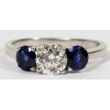 GIA 0.73CT DIAMOND & 1.04CT NATURAL BLUE SAPPHIRE RING, SIZE 7A 14kt white gold ring with a 0.73ct