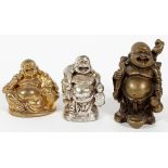 BRONZE HOTEI FIGURES, THREE, H 1 1/2 - 2 1/2"one in seated position in gilt finish, Two standing,