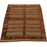 AFGHAN, HAND WOVEN WOOL RUG, W 4' 2", L 4' 6"Having two borders at periphery with two crossing