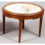 FRENCH STYLE MARBLE-TOP SIDE TABLE, H 16", DIA 22"A round inset marble top over straight tapering