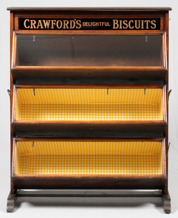 ENGLISH WALNUT 'CRAWFORD'S DELIGHTFUL BISCUITS' STORE BIN, C. 1900, H 51", W 42", D 18"A reverse-