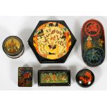 RUSSIAN HAND PAINTED LACQUER BOXES, LATE 20TH C, 6 PCS., H 1 1/4" - 2 1/2", W 1 3/4" - 3 1/2", D