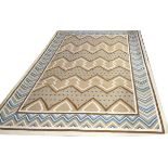INDIAN DHURRIE, HAND WOVEN WOOL RUG, W 9", L 11' 5"Having a flat weave, light brown ground, five
