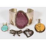 STERLING CUFF BRACELET + STERLING BROOCHES ETC (5)One Sterling cuff bracelet with large polished