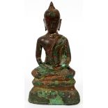 SOUTHEAST ASIAN, BRONZE SEATED BUDDHA, H 6 1/2"Figure of Buddha in the lotus position, GA.Shows