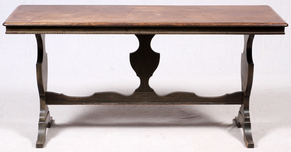 OAK LIBRARY TABLE, C. 1920, H 30", L 59", D 20"Having a rectangular top, trestle legs and