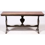 OAK LIBRARY TABLE, C. 1920, H 30", L 59", D 20"Having a rectangular top, trestle legs and