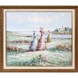M. FAIRWAY, OIL ON CANVAS, LADIES BY LAKE, H 20", W 30"framedGood condition jw- For High