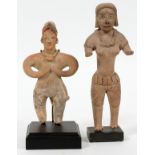 PRE-COLUMBIAN, TERRACOTTA FIGURES, TWO PIECES, H 4 - 6"Mounted on black painted base with wire