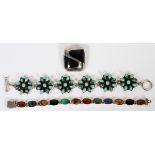 MEXICAN STERLING LINK BRACELETS 2 + BROOCH. ONE WITH TORQUISE, MALACHITE,SODALITE,TIGER-EYE,