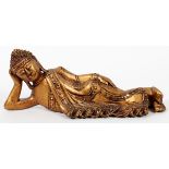 SOUTHEAST ASIAN, CARVED WOOD RECLINING BUDDHA, H 12"Depicts a reclining Buddha with a gilt finish