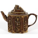 CHINESE BRONZE TEAPOT, H 4", W 5"Having an elongated octagonal shape decorated with a foo dog finial
