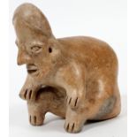 PRE-COLUMBIAN, TERRACOTTA FIGURE, H 5 1/2"hunch back seated figure with hands on knees.- For High