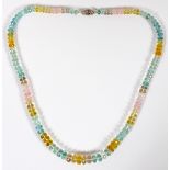 130CT NATURAL AQUAMARINE BEAD NECKLACE, L 17"Having 130ct natural aquamarines in yellows, blues