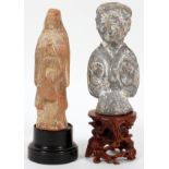 EGYPTIAN STONE FIGURES, TWO, H 6 - 7"One in a brown tone depicting a woman. The second in gray