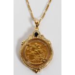 1910, 22KT GOLD COIN & 0.70CT DIAMOND PENDANT NECKLACE, L 19 1/2"A 14kt yellow gold chain necklace
