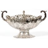 E.G. WEBSTER & SON SILVERPLATE CENTERPIECE WITH PIERCED FLOWER FROG, H 8 1/4", W 14"With a pierced