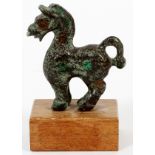 CHINESE BRONZE HORSE, H 2 1/2", W 2"Mounted to wood.exhibits green patina, GA.- For High
