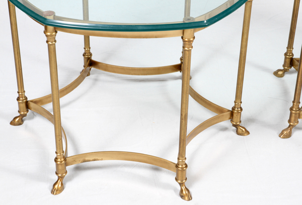 BRASS & GLASS END TABLES, PAIR, H 23", DIA 31"Having a hexagonal shape glass top with a brass - Image 2 of 2