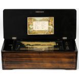 SWISS MUSIC BOX, C. 1910, H 6", L 20"One cylinder L 10.5", plays 10 aires, one comb. Box is 20" long