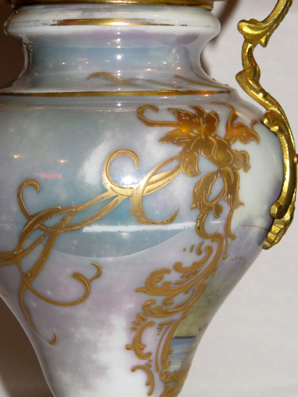 SEVRES HAND PAINTED PORCELAIN & BRONZE COVERED URN, H 12 1/2"Hand painted courting scene enhanced - Image 4 of 6