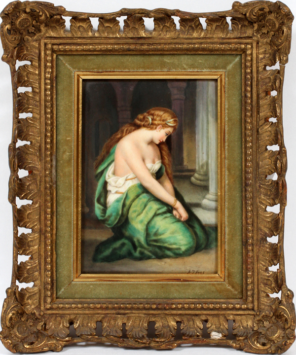 A. J. IVES, GERMAN HAND PAINTED PORCELAIN PLAQUE, FRAMED. 19TH C, H 8", W 5"German hand painted