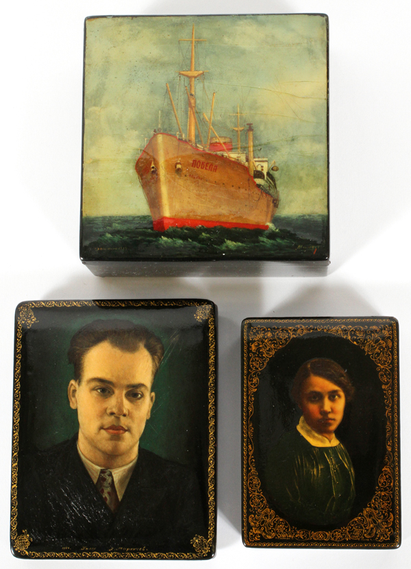 RUSSIAN HAND PAINTED LACQUER BOXES, C1950-60'S, 3 PCS., H 1" - 2", W 3" - 4 1/2", D 4" - 4 1/2"Three