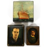 RUSSIAN HAND PAINTED LACQUER BOXES, C1950-60'S, 3 PCS., H 1" - 2", W 3" - 4 1/2", D 4" - 4 1/2"Three